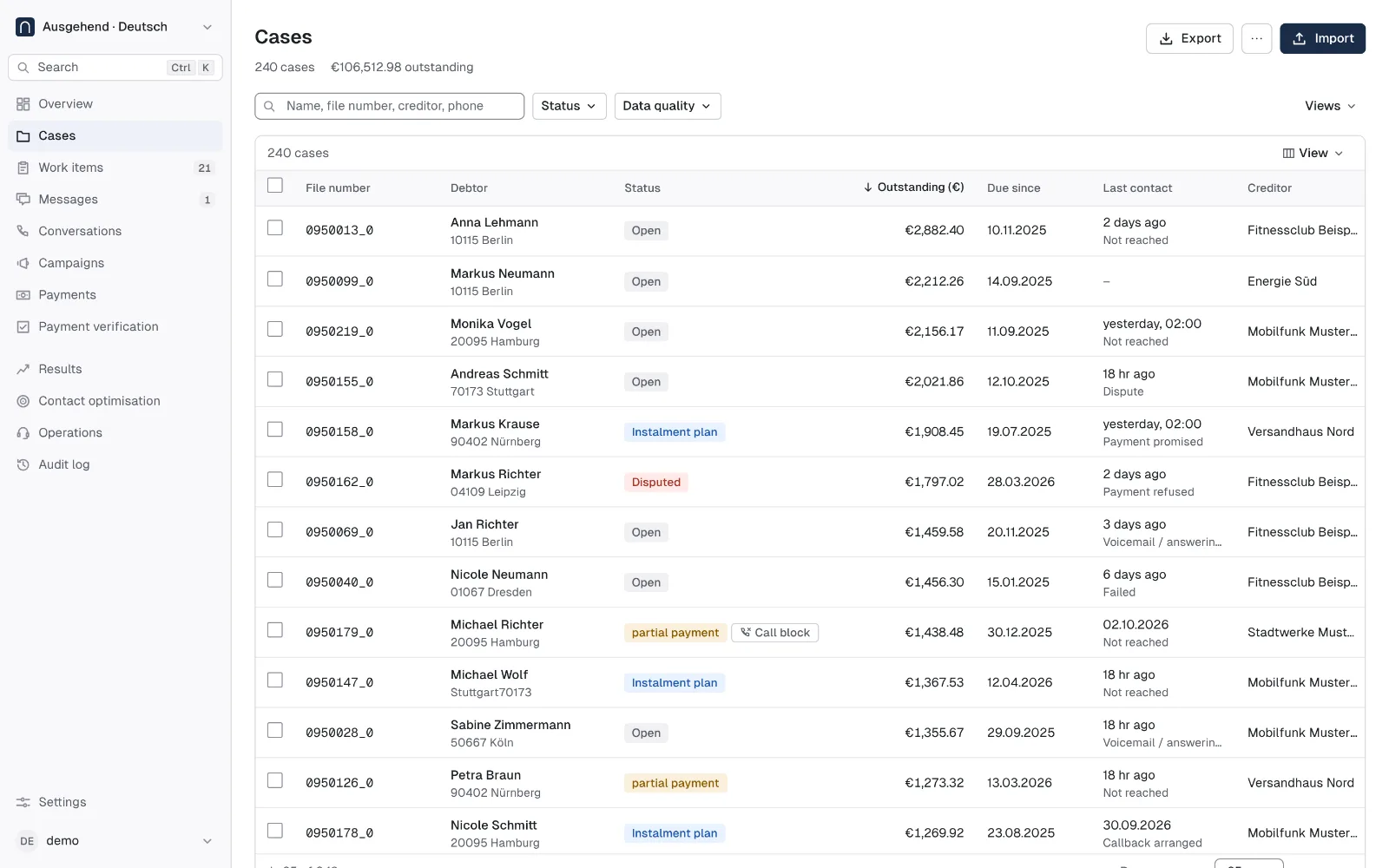 Pace dashboard, Cases: list with status, outstanding amount and last contact