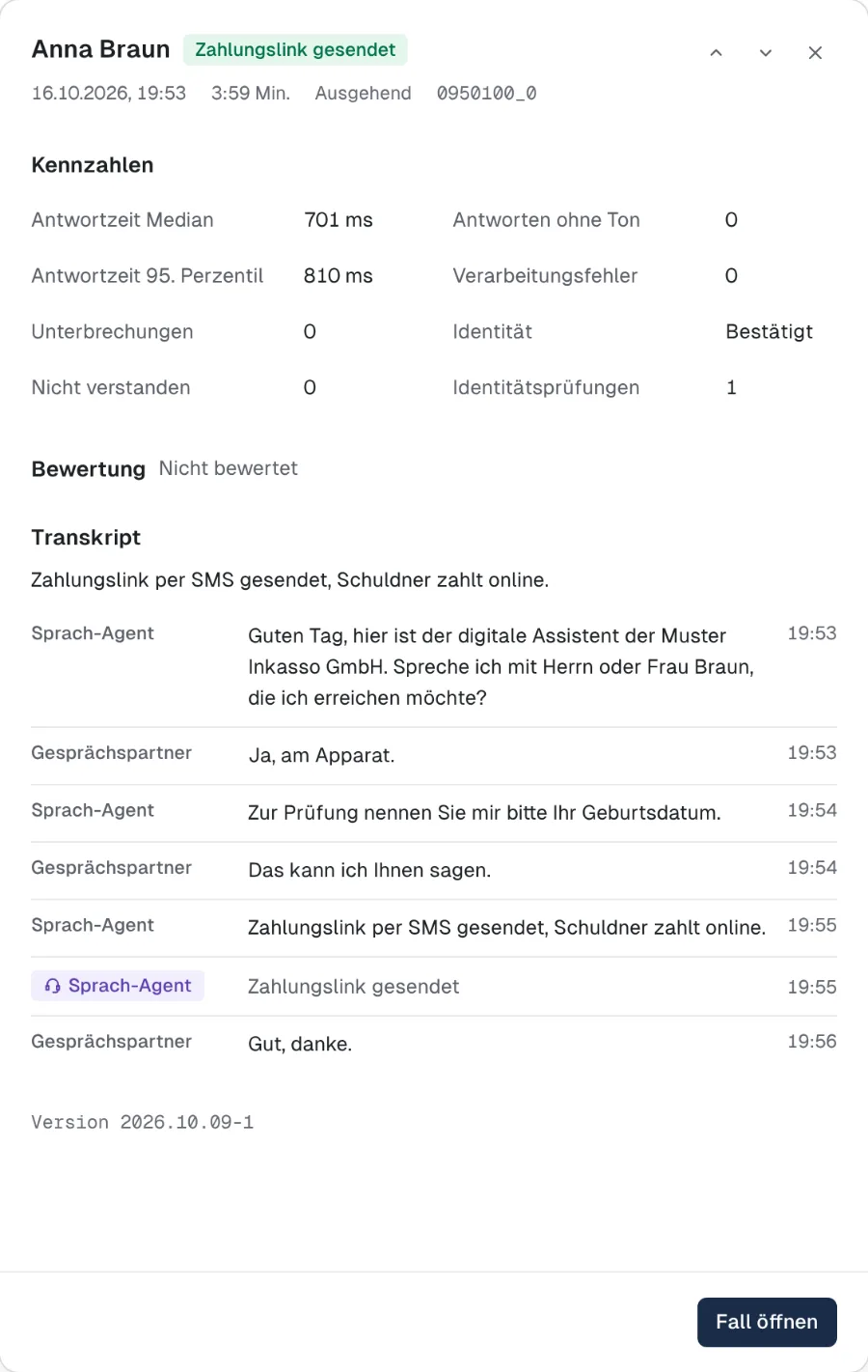 Ein geöffnetes Gespräch: Kennzahlen und Transkript eines Anrufs, der mit einem Zahlungslink endet