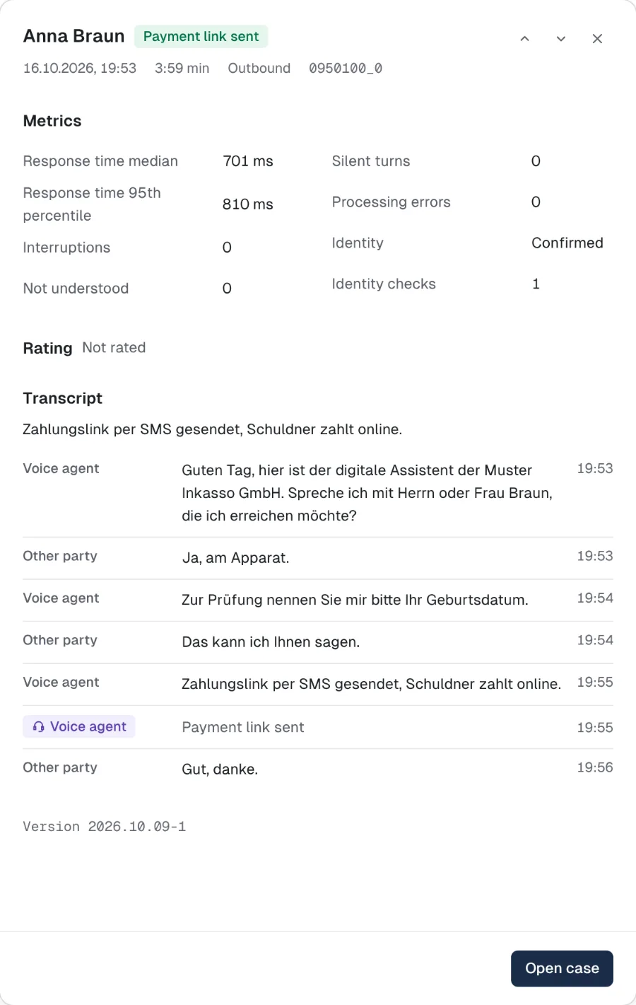 An open call: metrics and transcript of a call that ends with a payment link