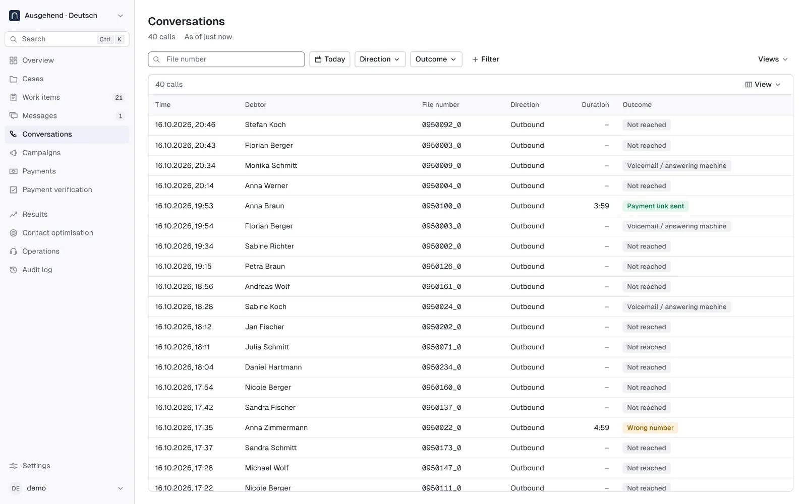 Pace dashboard, Calls: calls with time, file number, duration and outcome